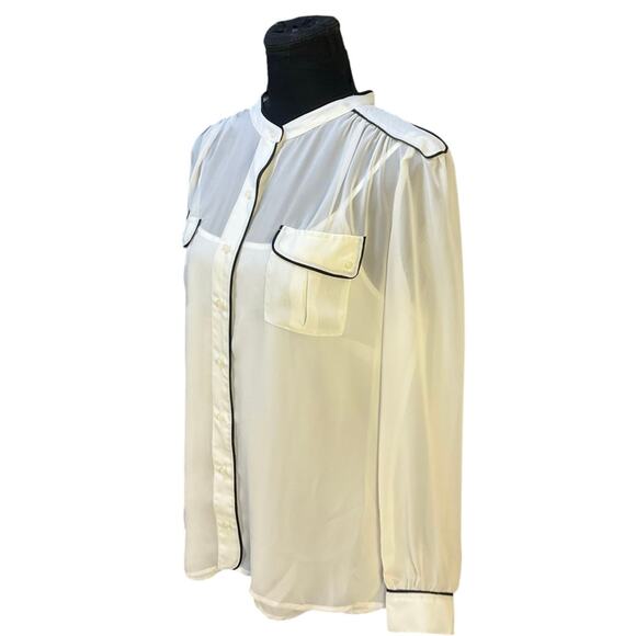 Worthington Sheer Button Front Blouse Size L Ivory w Black Piping - Picture 4 of 9